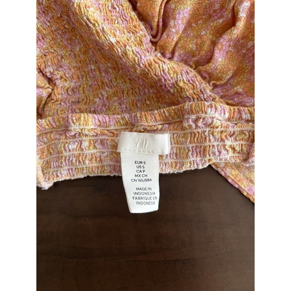 H&M Pink Yellow Cottagecore Floral Print Smocked Peasant Style Crop Top Sz Small - Picture 5 of 6
